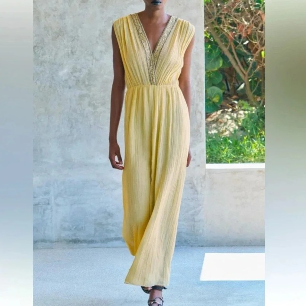 ZARA Yellow Gauze Beaded Trim Open Back Maxi Grecian Dress